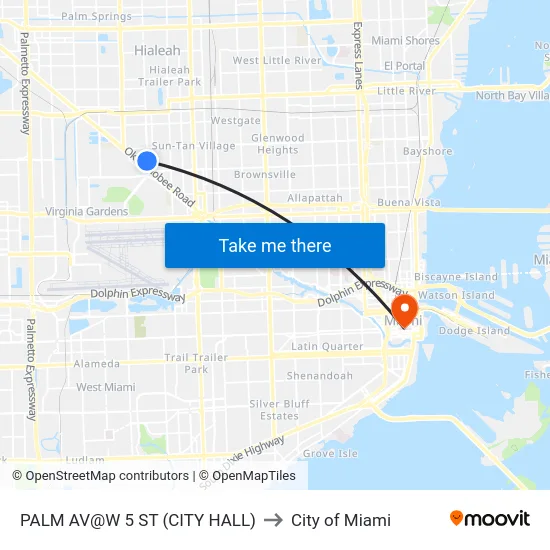 Palm Av@w 5 St (City Hall) to City of Miami map