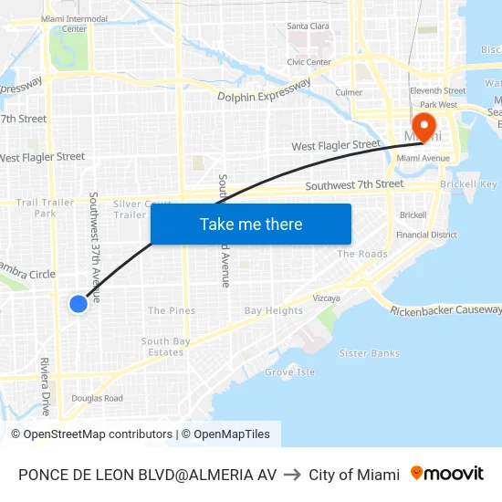Ponce De Leon Blvd@almeria Av to City of Miami map