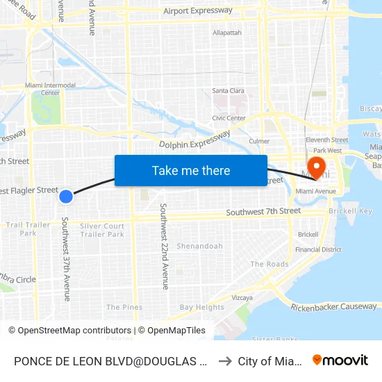Ponce De Leon Blvd@douglas Rd to City of Miami map