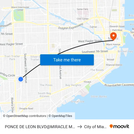 Ponce De Leon Blvd@miracle Mile to City of Miami map