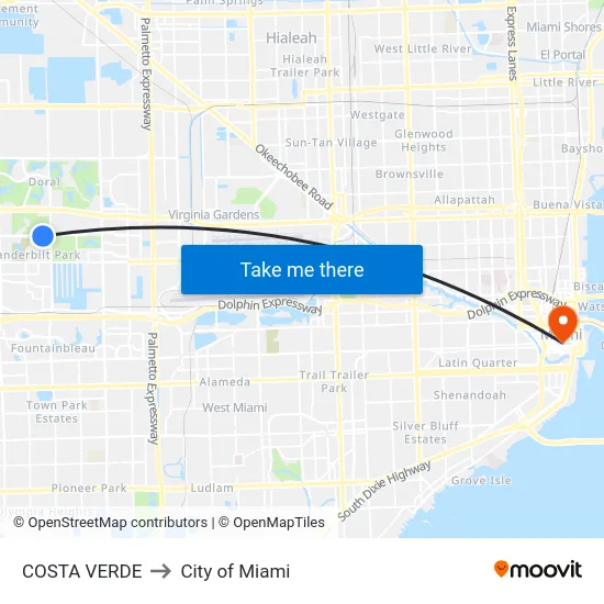 Costa Verde to City of Miami map