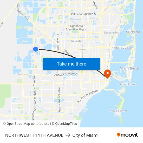 Northwest 114th Avenue to City of Miami map