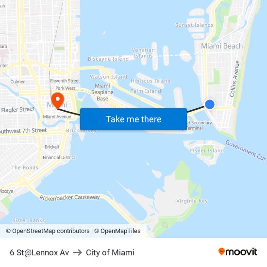 6 St@Lennox Av to City of Miami map