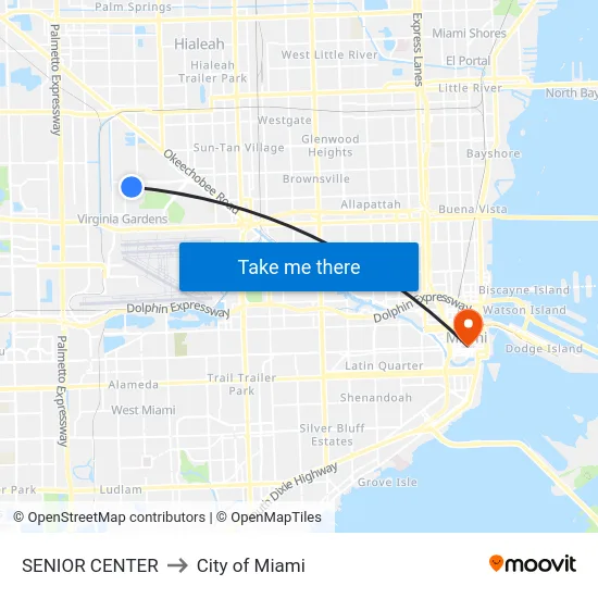 Senior Center to City of Miami map