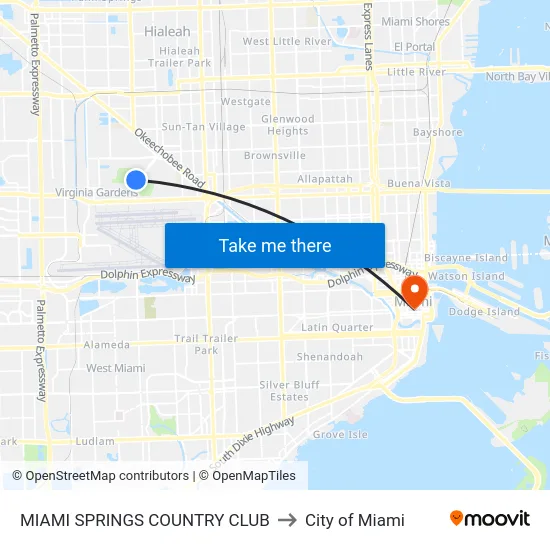 Miami Springs Country Club to City of Miami map