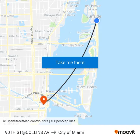 90TH ST@COLLINS AV to City of Miami map