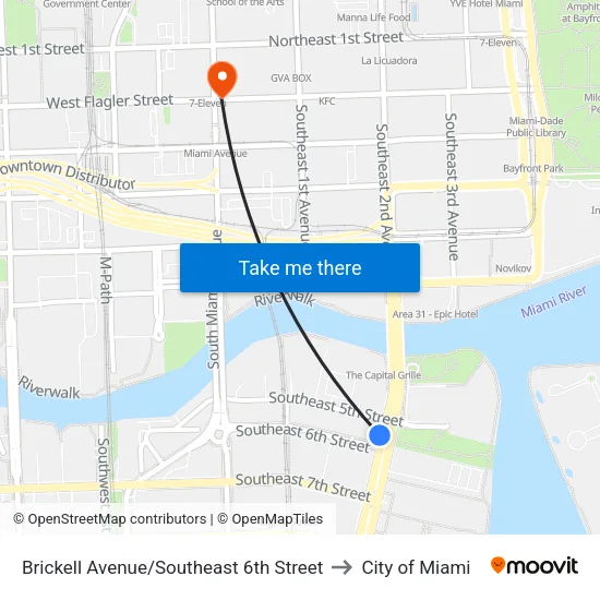 Brickell Avenue/Southeast 6th Street to City of Miami map