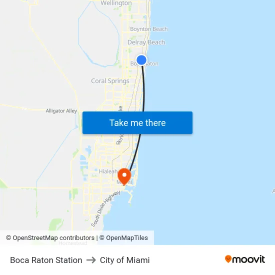 Boca Raton Station to City of Miami map
