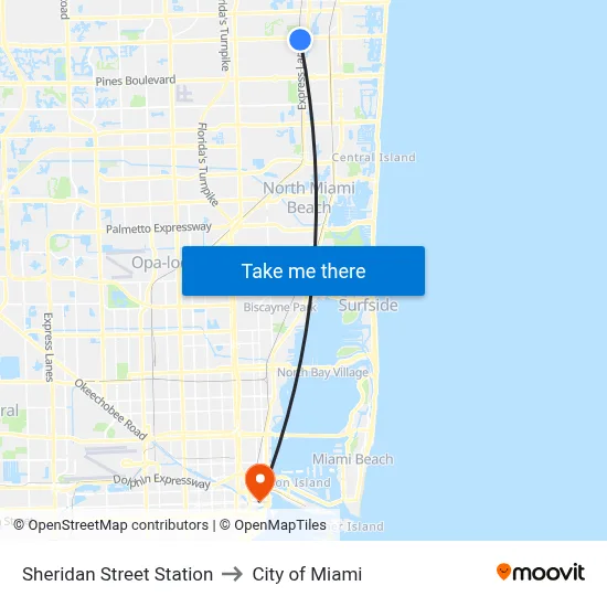 Sheridan Street Station to City of Miami map