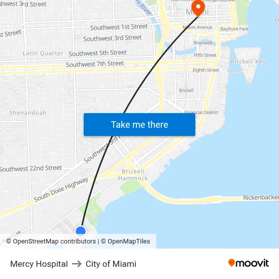 Mercy Hospital to City of Miami map