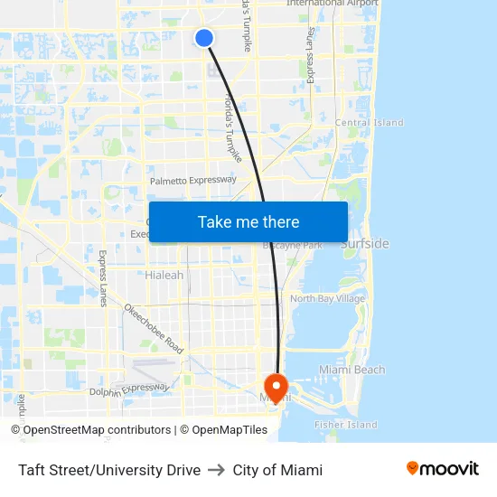 Taft Street/University Drive to City of Miami map