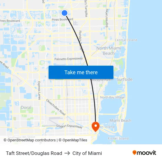 Taft Street/Douglas Road to City of Miami map