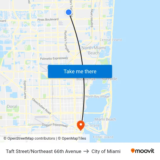 Taft Street/Northeast 66th Avenue to City of Miami map