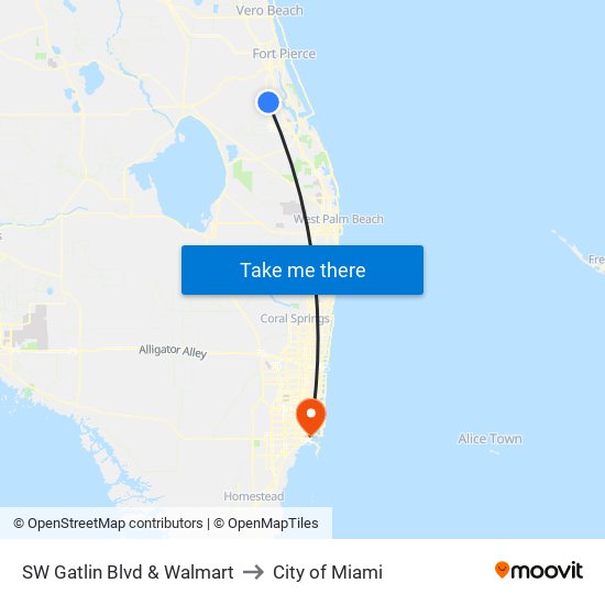 SW Gatlin Blvd & Walmart to City of Miami map