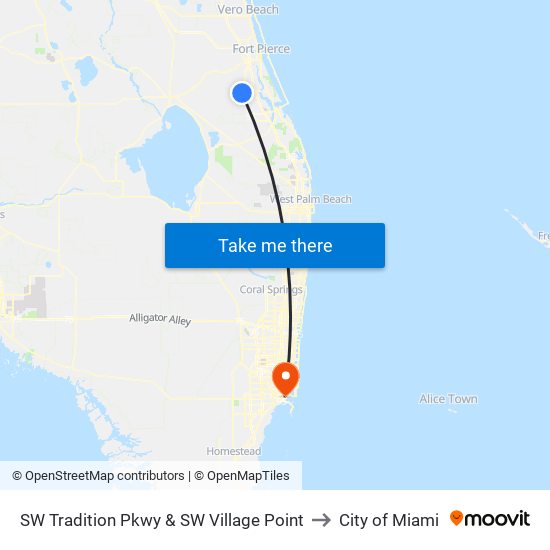 SW Tradition Pkwy & SW Village Point to City of Miami map