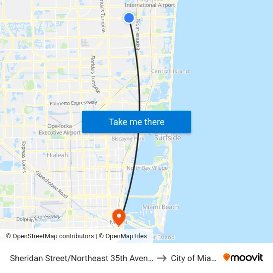 Sheridan Street/Northeast 35th Avenue to City of Miami map