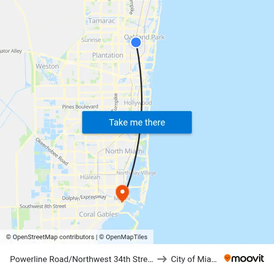 Powerline Road/Northwest 34th Street to City of Miami map