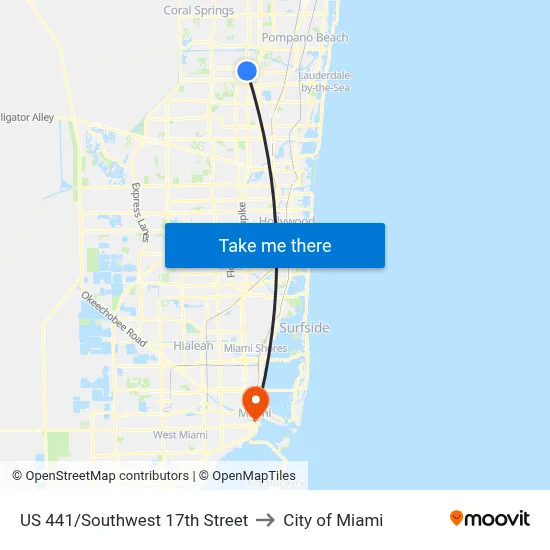 US 441/Southwest 17th Street to City of Miami map