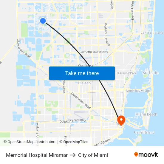 Memorial Hospital Miramar to City of Miami map