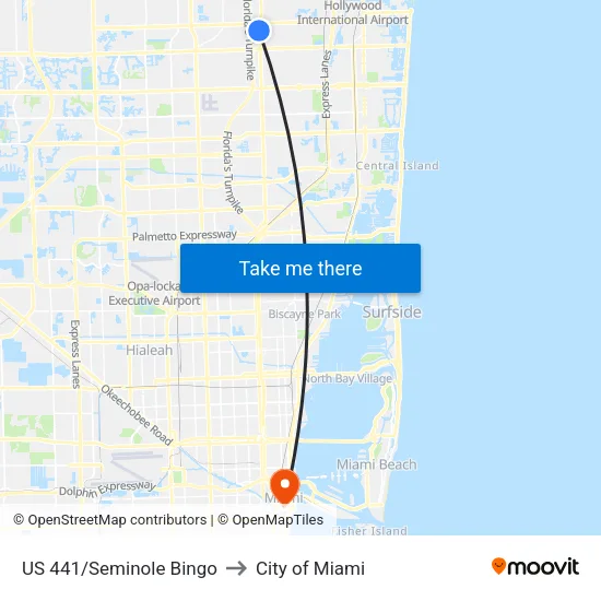 US 441/Seminole Bingo to City of Miami map