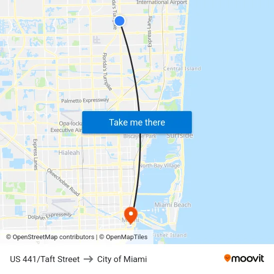 US 441/Taft Street to City of Miami map
