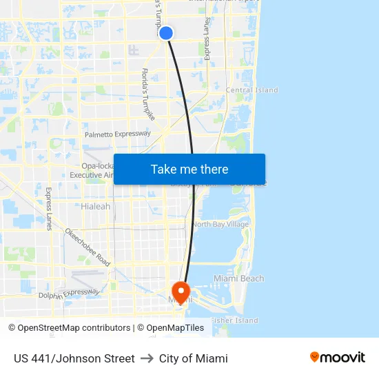 US 441/Johnson Street to City of Miami map