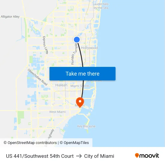 US 441/Southwest 54th Court to City of Miami map