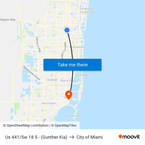 Us 441/Sw 18 S - (Gunther Kia) to City of Miami map