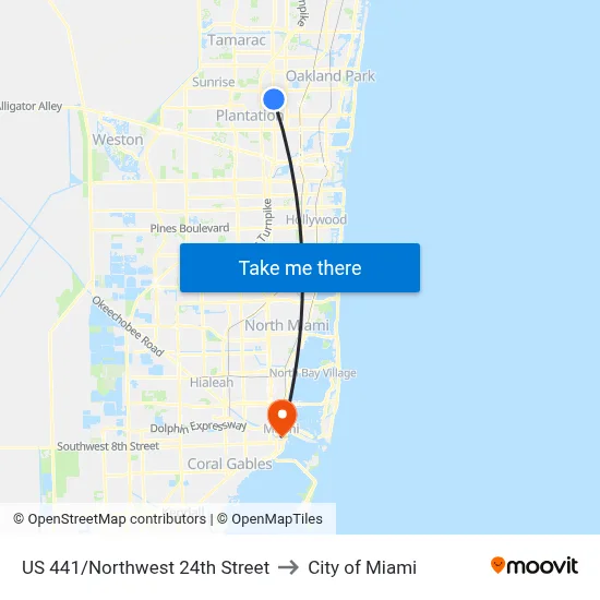 US 441/Northwest 24th Street to City of Miami map