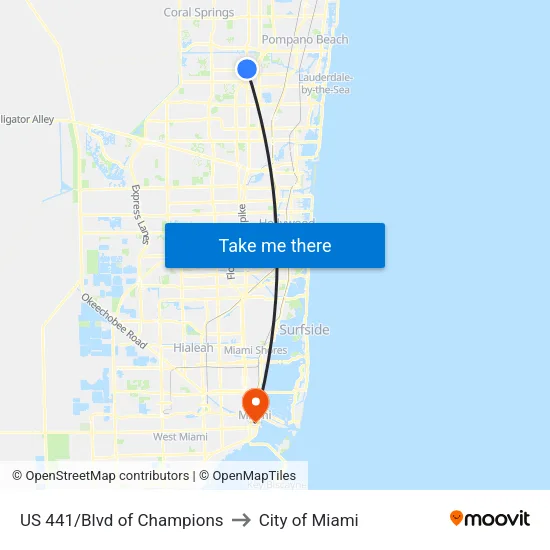 US 441/Blvd of Champions to City of Miami map