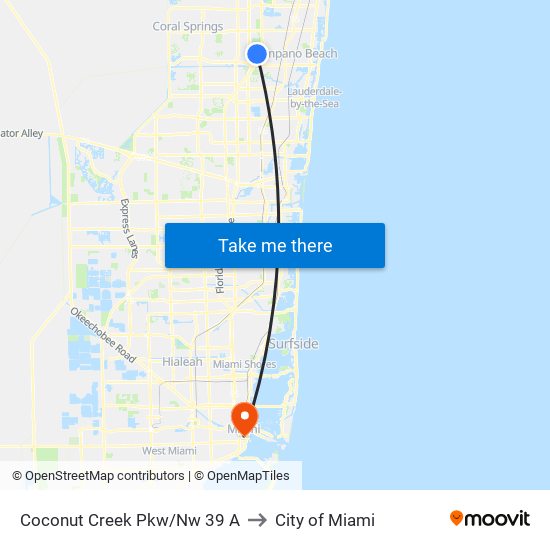 Coconut Creek Pkw/Nw 39 A to City of Miami map