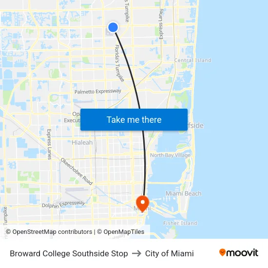 Broward College Southside Stop to City of Miami map