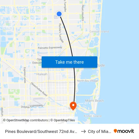 Pines Boulevard/Southwest 72nd Avenue to City of Miami map