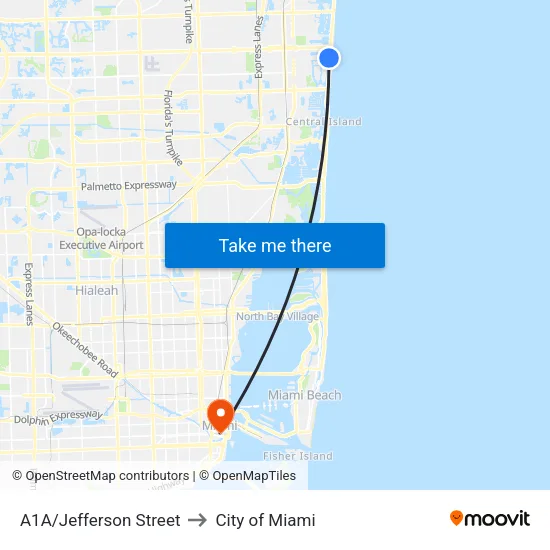 A1A/Jefferson Street to City of Miami map