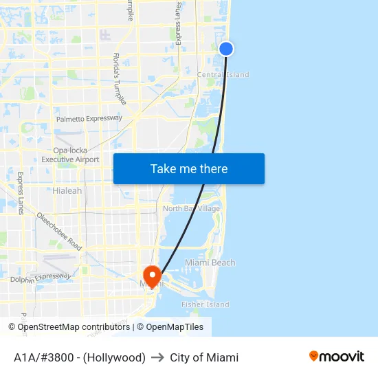 A1A/#3800 - (Hollywood) to City of Miami map