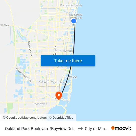 Oakland Park Boulevard/Bayview Drive to City of Miami map