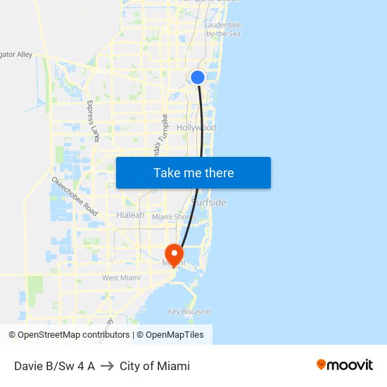 Davie B/Sw 4 A to City of Miami map