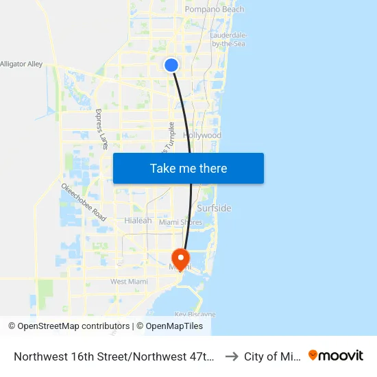 Northwest 16th Street/Northwest 47th Avenue to City of Miami map