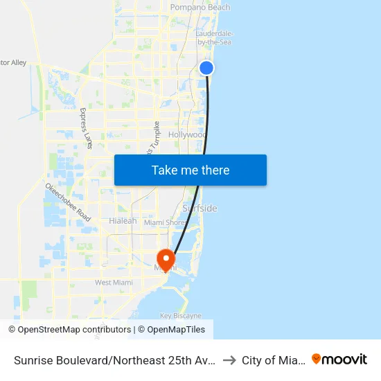 Sunrise Boulevard/Northeast 25th Avenue to City of Miami map
