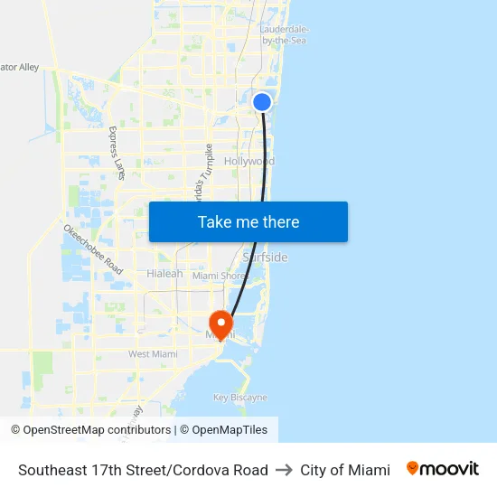 Southeast 17th Street/Cordova Road to City of Miami map