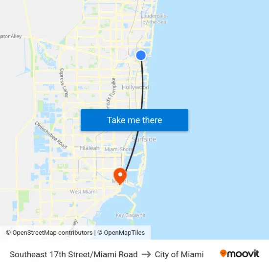 Southeast 17th Street/Miami Road to City of Miami map