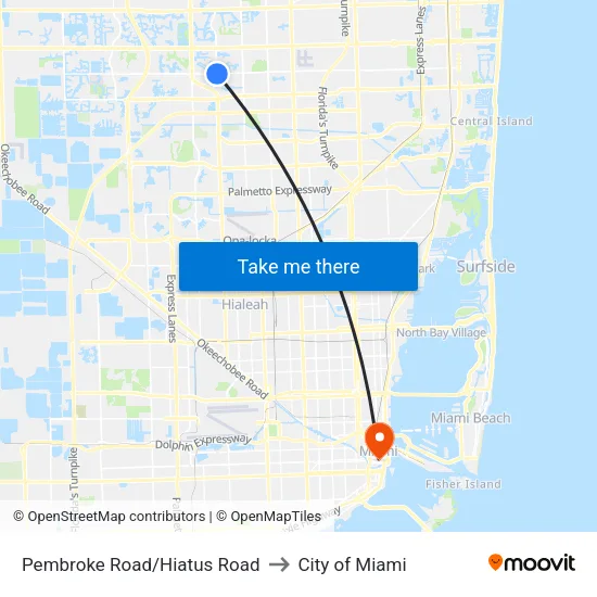 Pembroke Road/Hiatus Road to City of Miami map