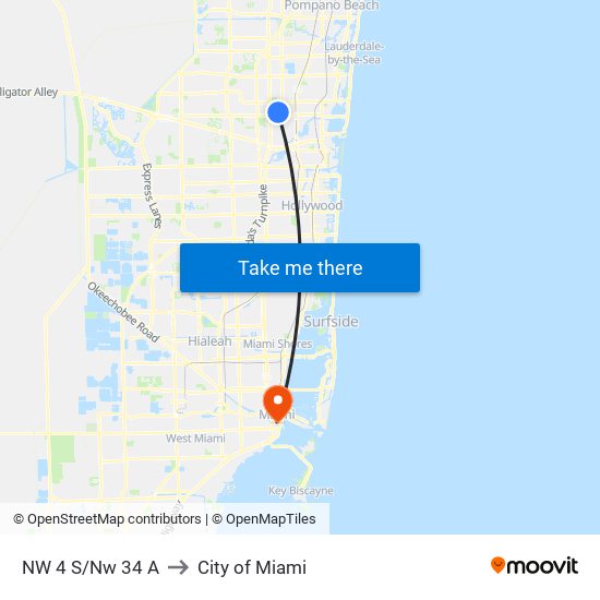 NW 4 S/NW 34 A to City of Miami map