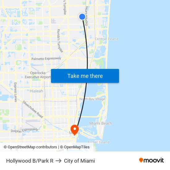 Hollywood B/Park R to City of Miami map