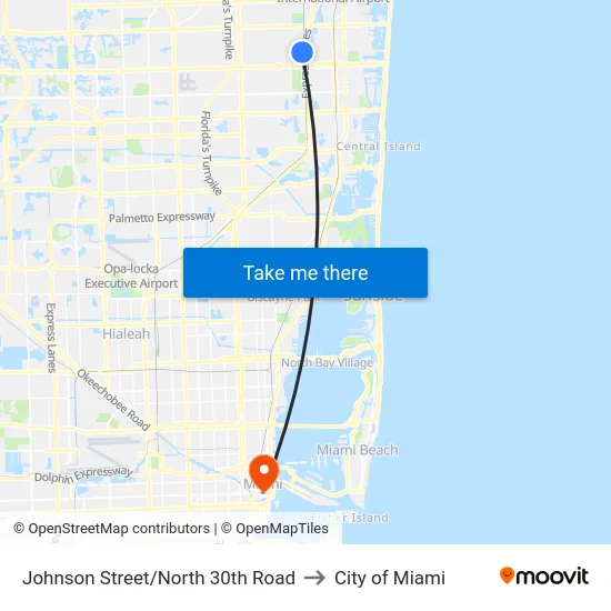 Johnson Street/North 30th Road to City of Miami map