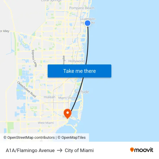 A1A/Flamingo Avenue to City of Miami map
