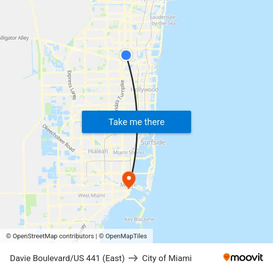 Davie Boulevard/US 441 (East) to City of Miami map