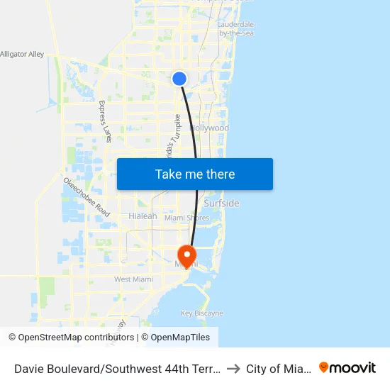 Davie Boulevard/Southwest 44th Terrace to City of Miami map