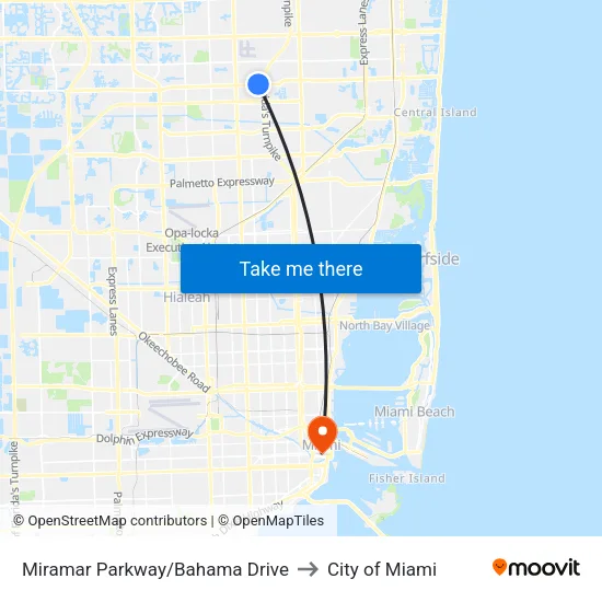 Miramar Parkway/Bahama Drive to City of Miami map