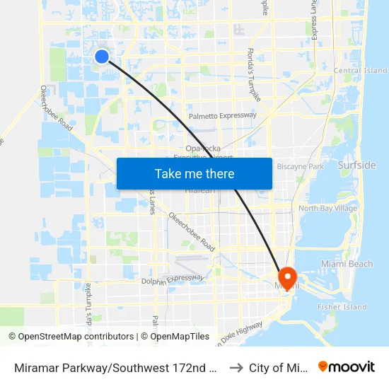 Miramar Parkway/Southwest 172nd Avenue to City of Miami map